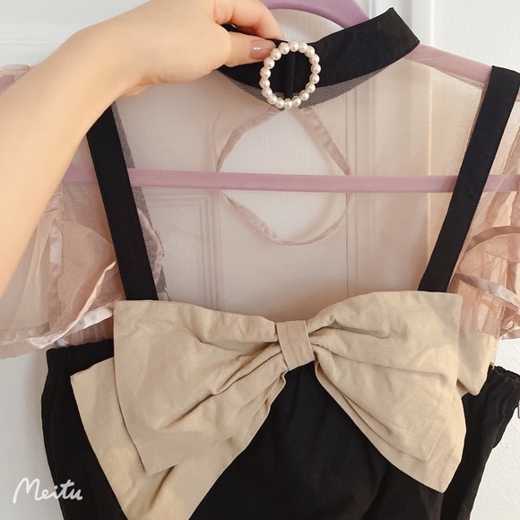 Japanese Swankiss Choker Crystal Ruffle Ribbon Bow Crop Tank Top Blouse - Picture 4 of 11